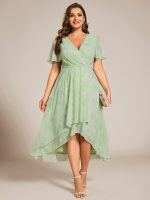 Plus Size Chiffon Short Sleeves Pleated V-Neck A-Line Midi Wedding Guest Dress - Image 75