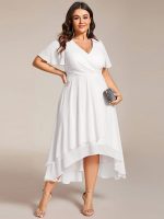 Plus Size Chiffon Short Sleeves Pleated V-Neck A-Line Midi Wedding Guest Dress - Image 44
