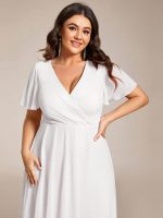 Plus Size Chiffon Short Sleeves Pleated V-Neck A-Line Midi Wedding Guest Dress - Image 45