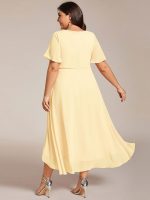 Plus Size Chiffon Short Sleeves Pleated V-Neck A-Line Midi Wedding Guest Dress - Image 96