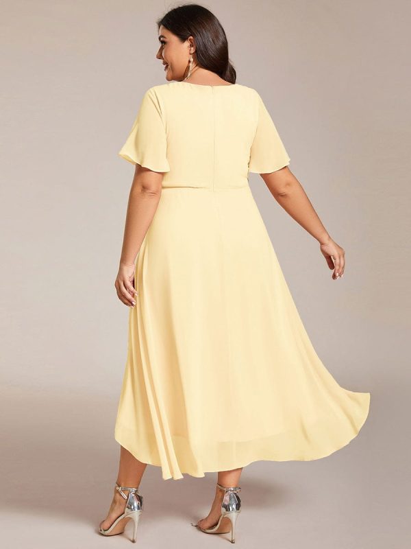Plus Size Chiffon Short Sleeves Pleated V-Neck A-Line Midi Wedding Guest Dress - Image 96