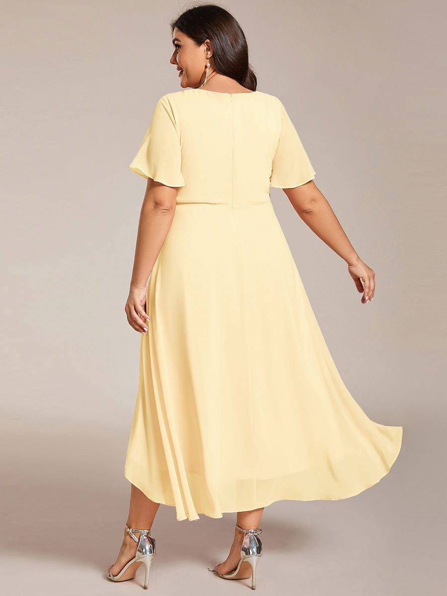 EG02084YL-PR2 Plus Size Chiffon Short Sleeves Pleated V-Neck A-Line Midi Wedding Guest Dress - Image 96