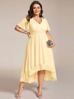 Plus Size Chiffon Short Sleeves Pleated V-Neck A-Line Midi Wedding Guest Dress - Image 97