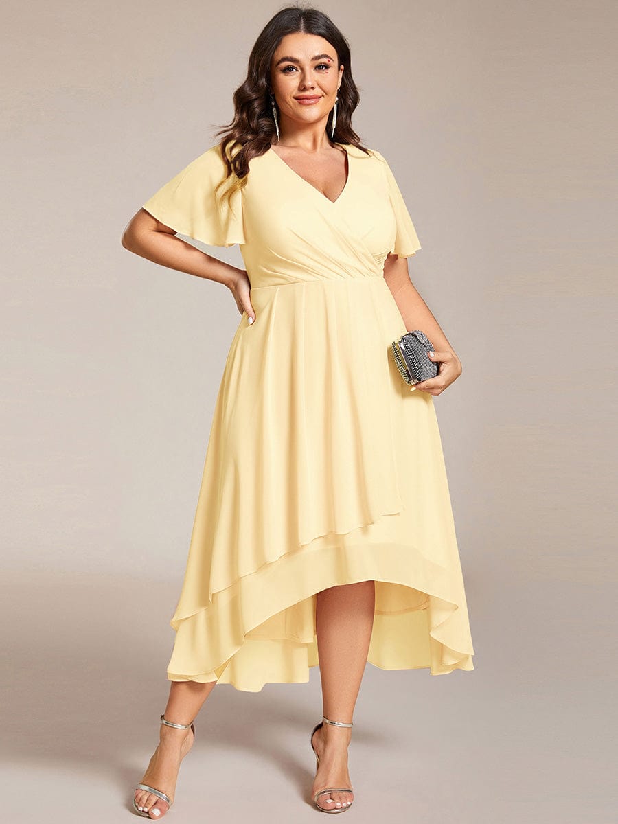 EG02084YL-PR3 Plus Size Chiffon Short Sleeves Pleated V-Neck A-Line Midi Wedding Guest Dress - Image 97
