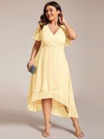Plus Size Chiffon Short Sleeves Pleated V-Neck A-Line Midi Wedding Guest Dress - Image 98