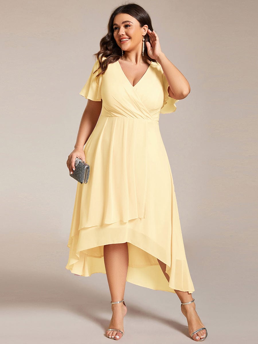 EG02084YL-PR4 Plus Size Chiffon Short Sleeves Pleated V-Neck A-Line Midi Wedding Guest Dress - Image 98