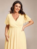 Plus Size Chiffon Short Sleeves Pleated V-Neck A-Line Midi Wedding Guest Dress - Image 99
