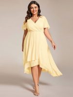 Plus Size Chiffon Short Sleeves Pleated V-Neck A-Line Midi Wedding Guest Dress - Image 95