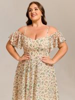 Plus Size Cold Shoulder Sweetheart Necklin Chiffon Midi Wedding Guest Dress - Image 58
