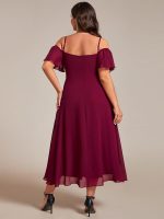 Plus Size Cold Shoulder Sweetheart Necklin Chiffon Midi Wedding Guest Dress - Image 4