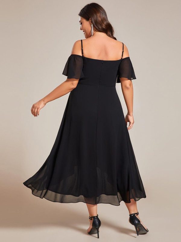 Plus Size Cold Shoulder Sweetheart Necklin Chiffon Midi Wedding Guest Dress - Image 2