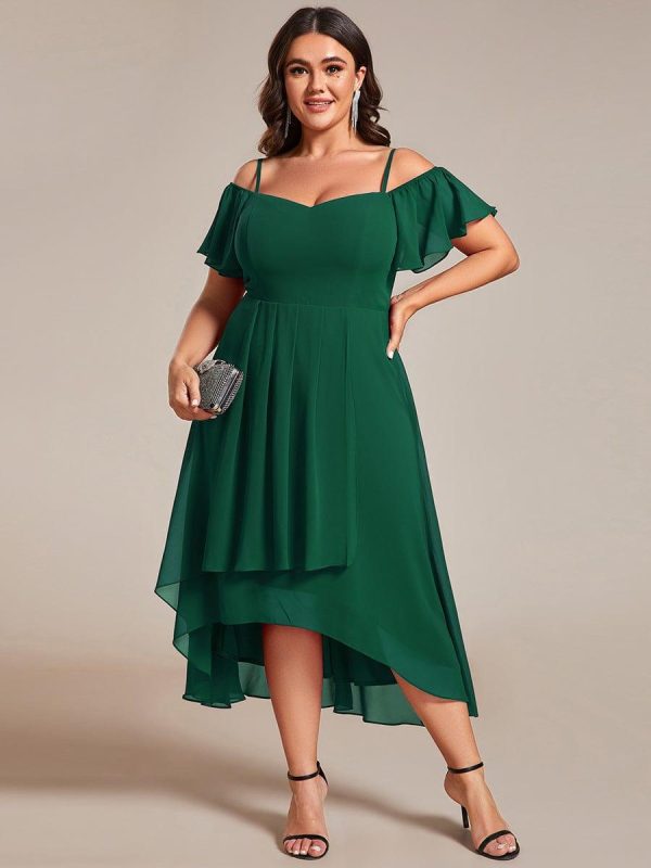 Plus Size Cold Shoulder Sweetheart Necklin Chiffon Midi Wedding Guest Dress - Image 55