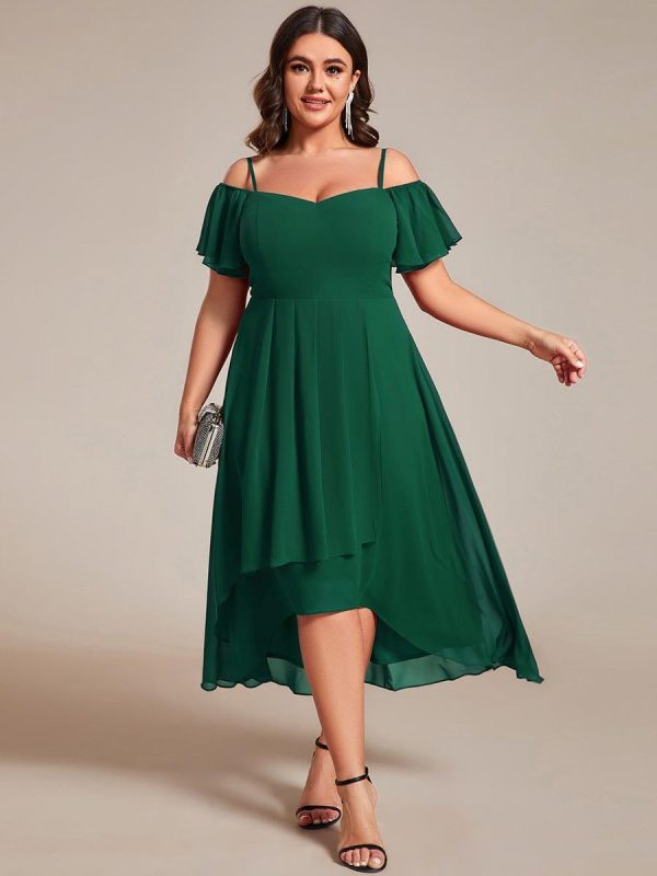 Plus Size Cold Shoulder Sweetheart Necklin Chiffon Midi Wedding Guest Dress - Image 51