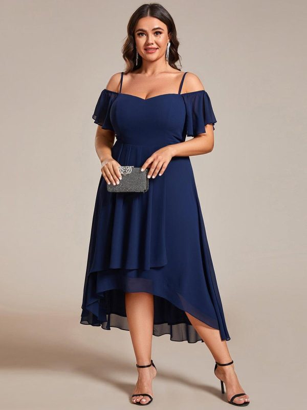 Plus Size Cold Shoulder Sweetheart Necklin Chiffon Midi Wedding Guest Dress - Image 22