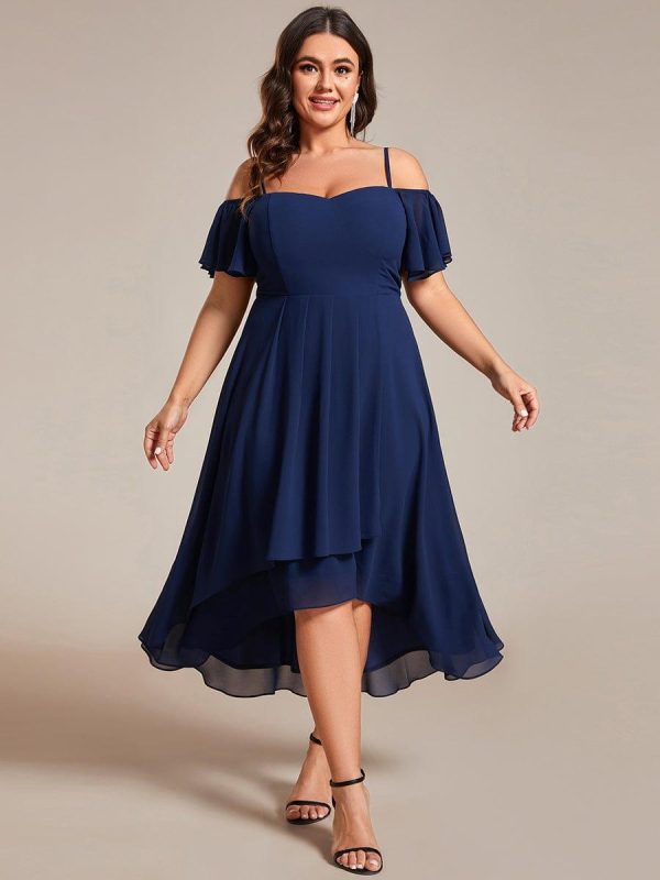 Plus Size Cold Shoulder Sweetheart Necklin Chiffon Midi Wedding Guest Dress - Image 18