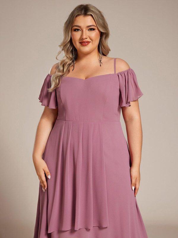 Plus Size Cold Shoulder Sweetheart Necklin Chiffon Midi Wedding Guest Dress - Image 35