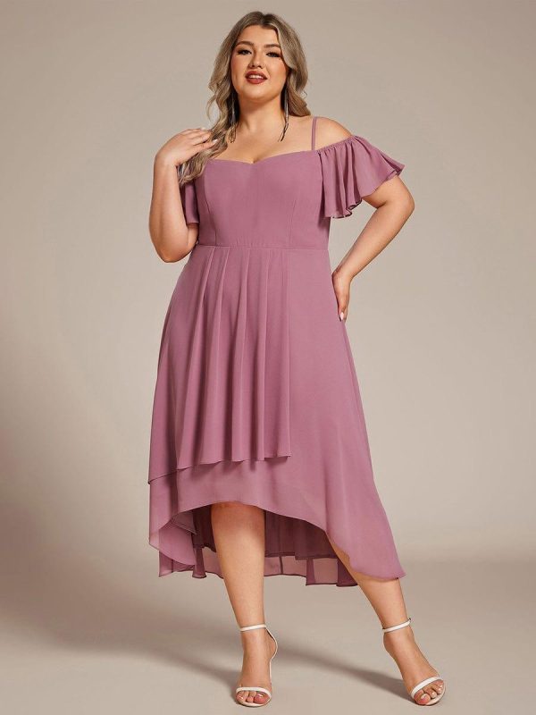 Plus Size Cold Shoulder Sweetheart Necklin Chiffon Midi Wedding Guest Dress - Image 37