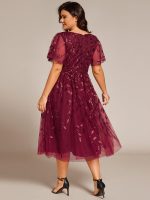 Short Sleeves Leaf Sequin A-Line Midi Formal Wedding Guest Dress - Image 11