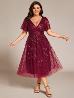 Short Sleeves Leaf Sequin A-Line Midi Formal Wedding Guest Dress - Image 10