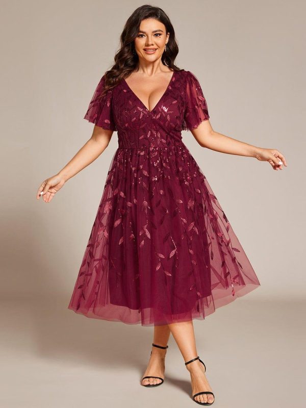 Short Sleeves Leaf Sequin A-Line Midi Formal Wedding Guest Dress - Image 10
