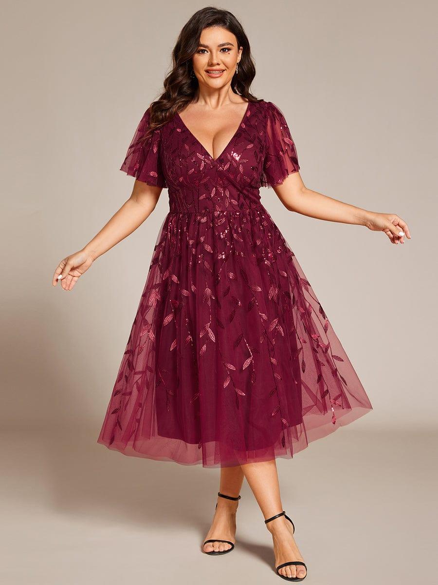 EG02230BD-PR4 Short Sleeves Leaf Sequin A-Line Midi Formal Wedding Guest Dress - Image 10
