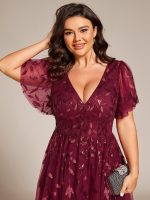 Short Sleeves Leaf Sequin A-Line Midi Formal Wedding Guest Dress - Image 12