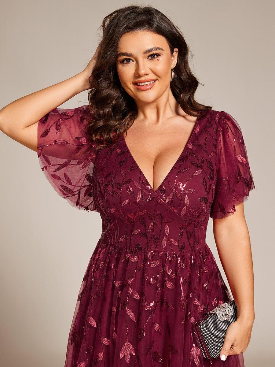 EG02230BD-PR5 Short Sleeves Leaf Sequin A-Line Midi Formal Wedding Guest Dress - Image 12