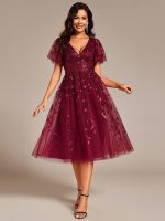 Short Sleeves Leaf Sequin A-Line Midi Formal Wedding Guest Dress - Image 8