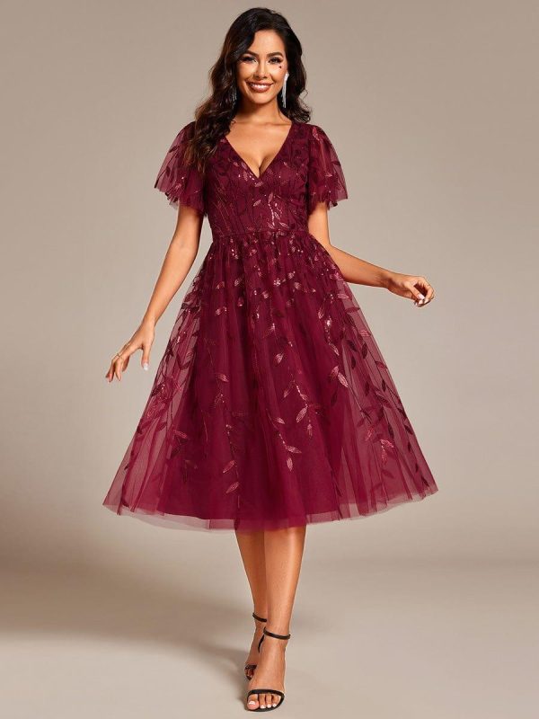 Short Sleeves Leaf Sequin A-Line Midi Formal Wedding Guest Dress - Image 8