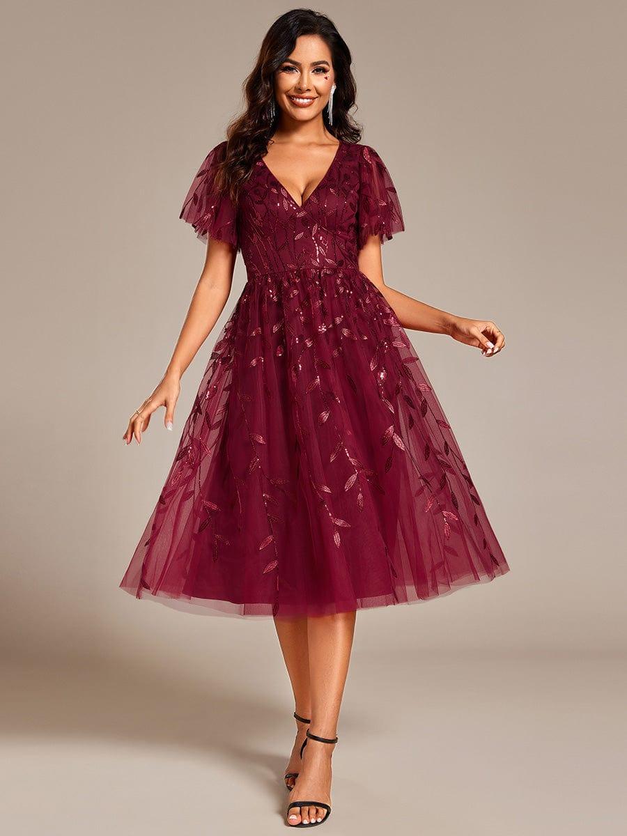 EG02230BD-R Short Sleeves Leaf Sequin A-Line Midi Formal Wedding Guest Dress - Image 8