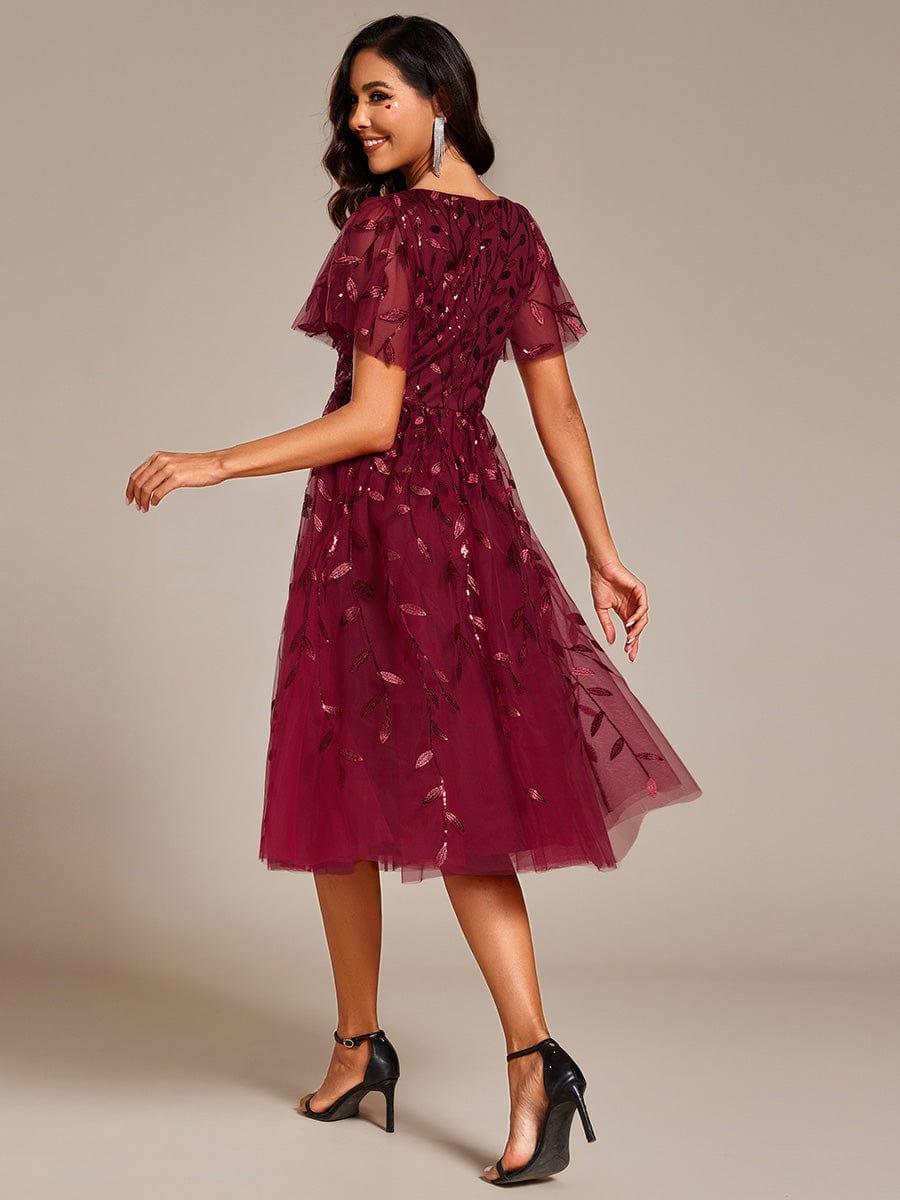 EG02230BD-R2 Short Sleeves Leaf Sequin A-Line Midi Formal Wedding Guest Dress - Image 6