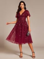 Short Sleeves Leaf Sequin A-Line Midi Formal Wedding Guest Dress - Image 5