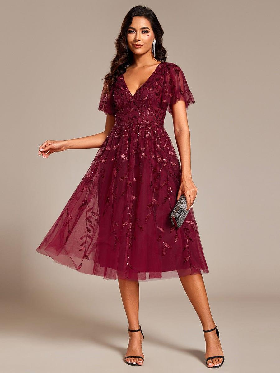 EG02230BD-R3 Short Sleeves Leaf Sequin A-Line Midi Formal Wedding Guest Dress - Image 5