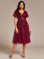 Short Sleeves Leaf Sequin A-Line Midi Formal Wedding Guest Dress - Image 9