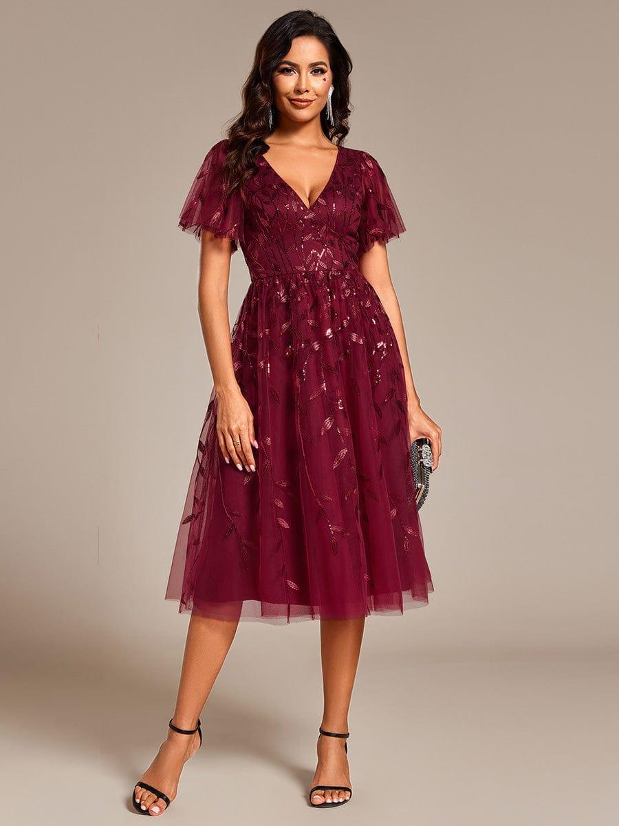 EG02230BD-R4 Short Sleeves Leaf Sequin A-Line Midi Formal Wedding Guest Dress - Image 9