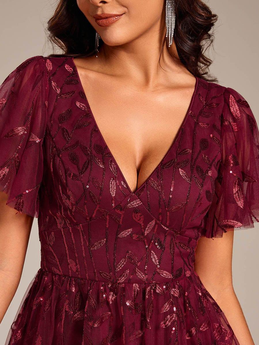 EG02230BD-R5 Short Sleeves Leaf Sequin A-Line Midi Formal Wedding Guest Dress - Image 7