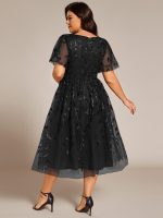 Short Sleeves Leaf Sequin A-Line Midi Formal Wedding Guest Dress - Image 41