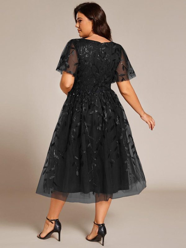 Short Sleeves Leaf Sequin A-Line Midi Formal Wedding Guest Dress - Image 41