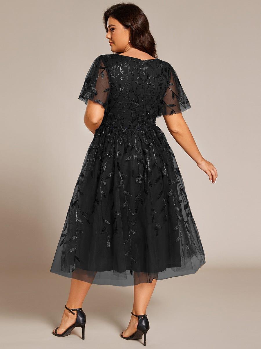 EG02230BK-PR2 Short Sleeves Leaf Sequin A-Line Midi Formal Wedding Guest Dress - Image 41