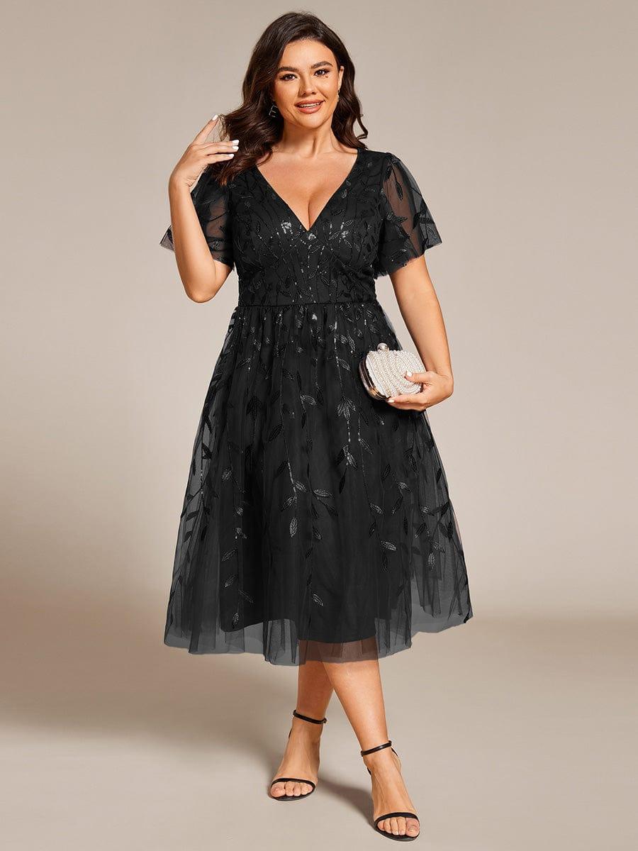 EG02230BK-PR4 Short Sleeves Leaf Sequin A-Line Midi Formal Wedding Guest Dress - Image 40