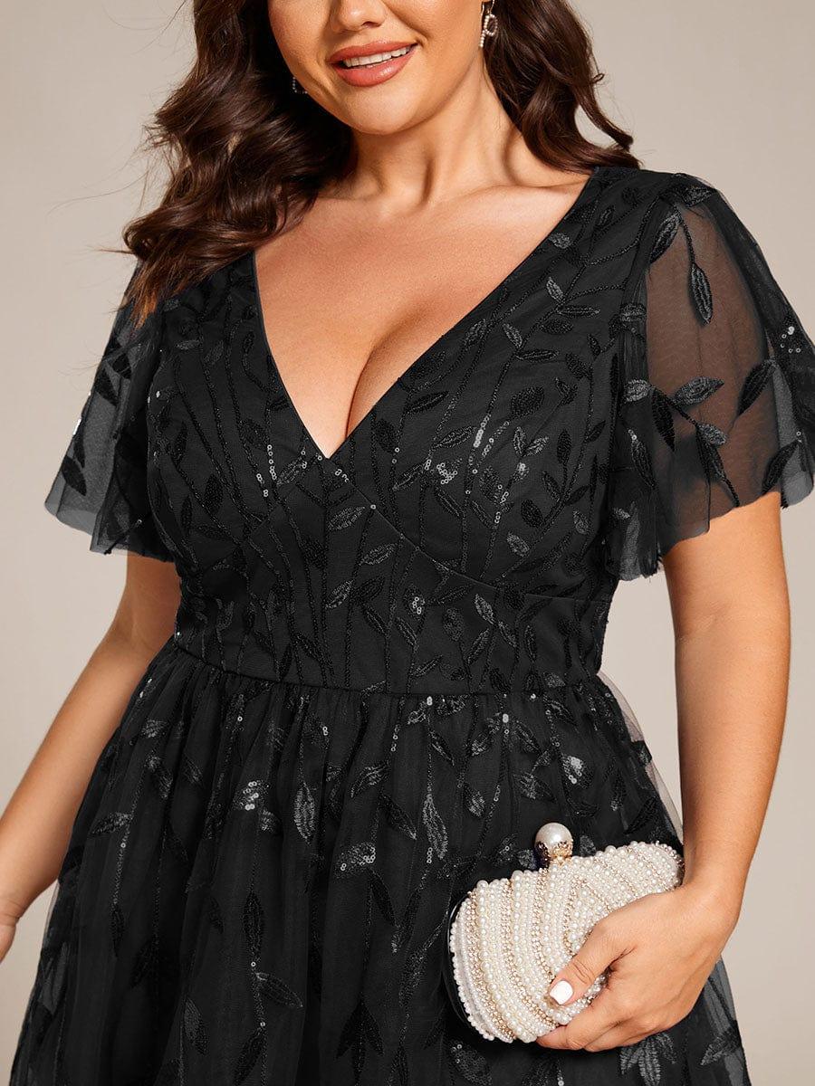 EG02230BK-PR5 Short Sleeves Leaf Sequin A-Line Midi Formal Wedding Guest Dress - Image 42