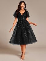 Short Sleeves Leaf Sequin A-Line Midi Formal Wedding Guest Dress - Image 39