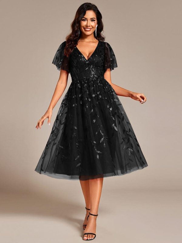 Short Sleeves Leaf Sequin A-Line Midi Formal Wedding Guest Dress - Image 39