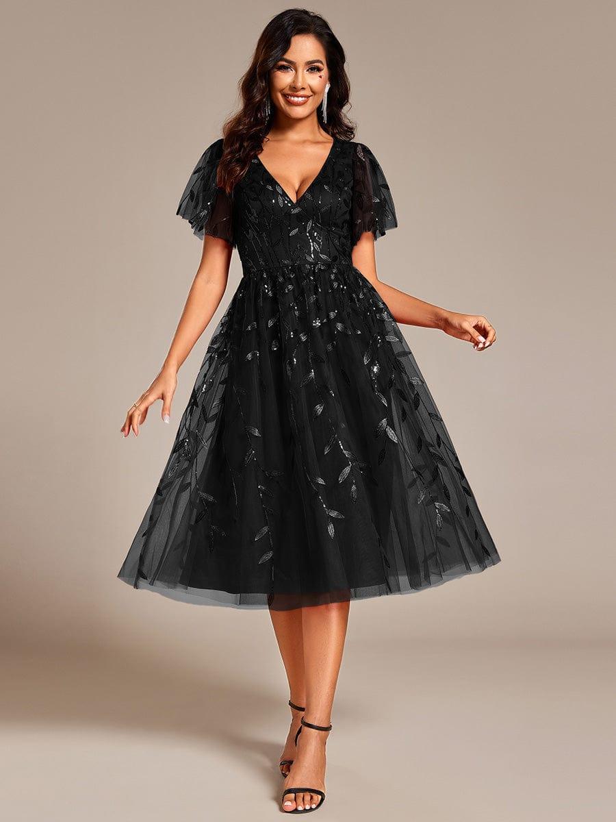 EG02230BK-R Short Sleeves Leaf Sequin A-Line Midi Formal Wedding Guest Dress - Image 39