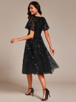 Short Sleeves Leaf Sequin A-Line Midi Formal Wedding Guest Dress - Image 36