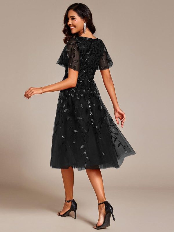 Short Sleeves Leaf Sequin A-Line Midi Formal Wedding Guest Dress - Image 36