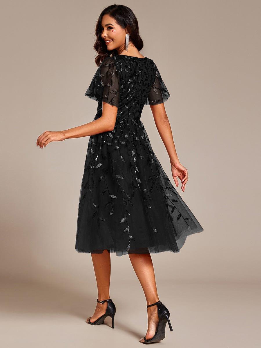 EG02230BK-R2 Short Sleeves Leaf Sequin A-Line Midi Formal Wedding Guest Dress - Image 36