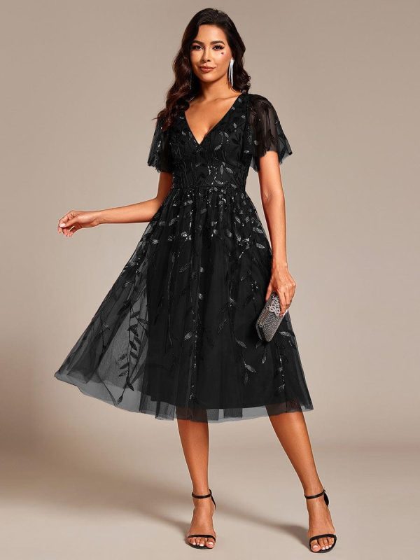 Short Sleeves Leaf Sequin A-Line Midi Formal Wedding Guest Dress - Image 35