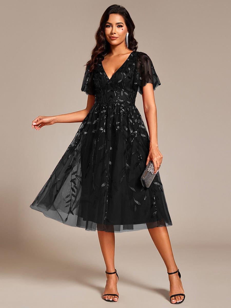 EG02230BK-R3 Short Sleeves Leaf Sequin A-Line Midi Formal Wedding Guest Dress - Image 35