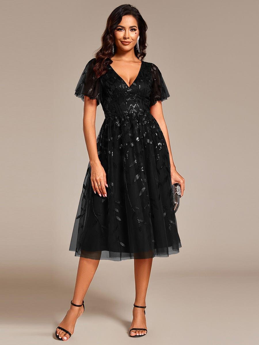 EG02230BK-R4 Short Sleeves Leaf Sequin A-Line Midi Formal Wedding Guest Dress - Image 38